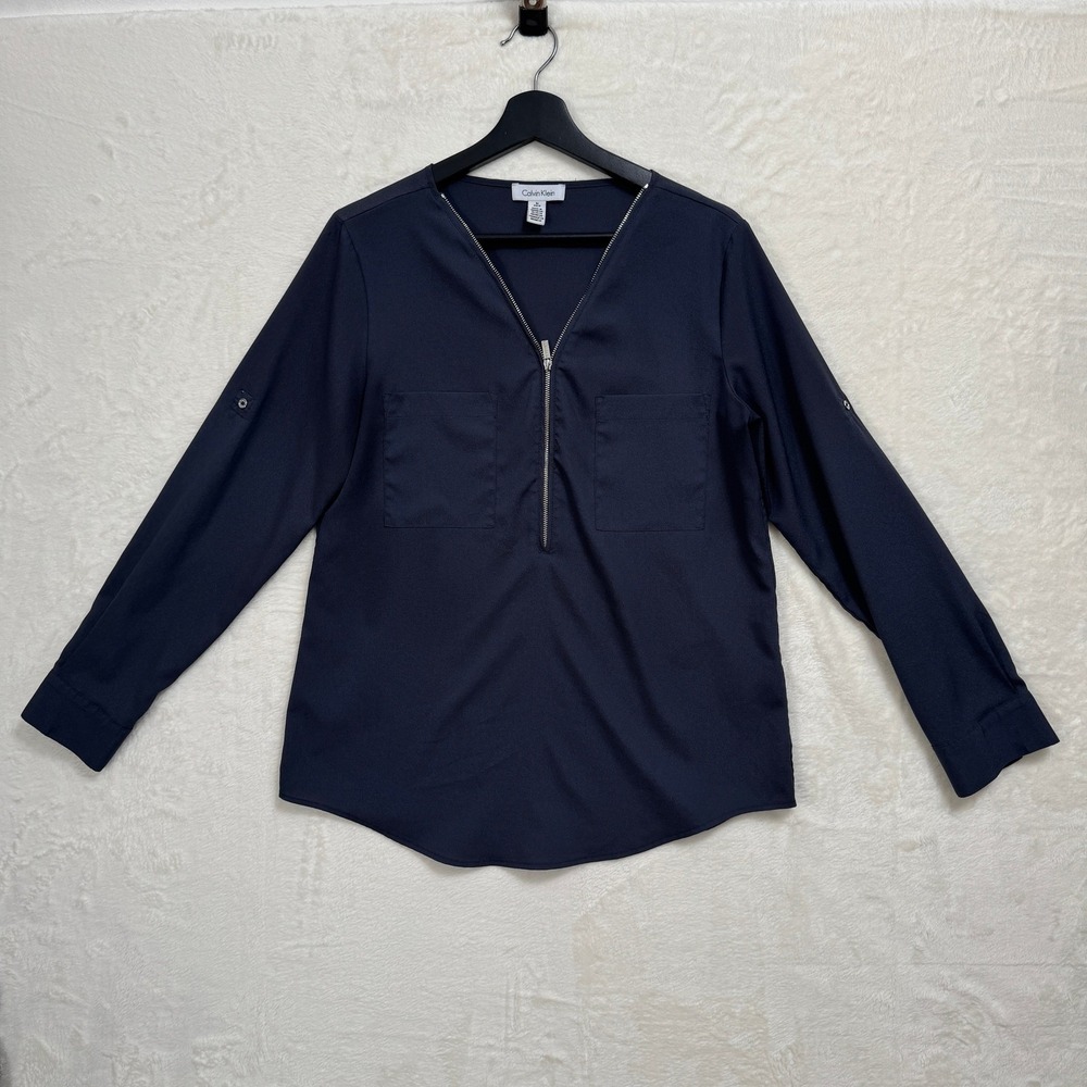 Calvin Klein Blouse Womens Small Navy Blue Half Zip Pullover Chest Pockets Solid